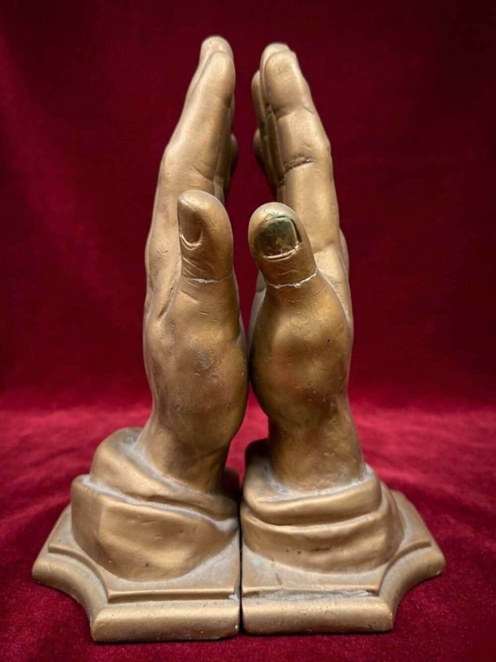 Vintage 1940s Robia Ware Praying Hands Bookends Mid Century Gold Chalkware 1950s